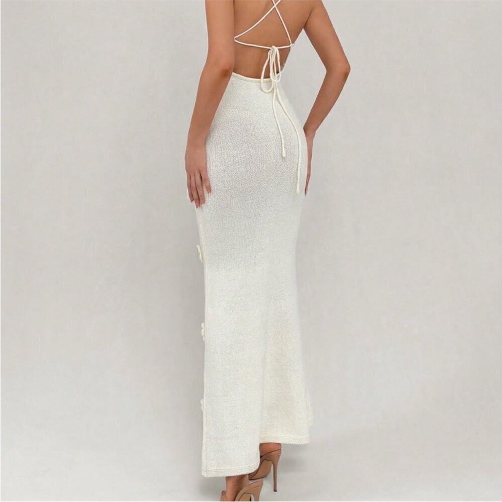 Women’s Knit Maxi Dress With Flowers - Nude/Cream - Picture 5 of 6